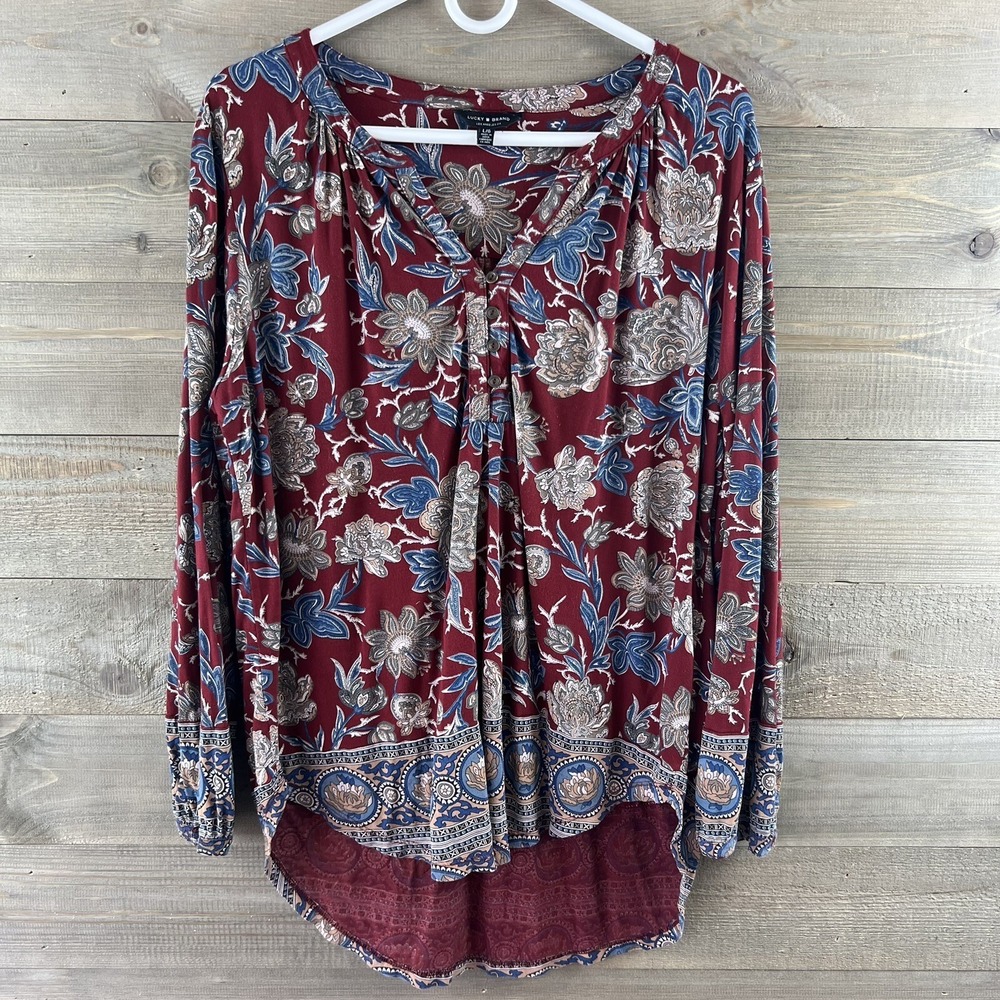 Lucky Brand Womens Shirt Long Sleeve Vneck Floral Boho Viscose Size Large